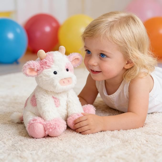 Hopearl Adorable Plush Cow Toy Floppy Dairy Cattle Soft Kawaii Stuffed Animal Cute Birthday Holiday Gift for Boys Girls Kids Toddlers, Pink, 9''