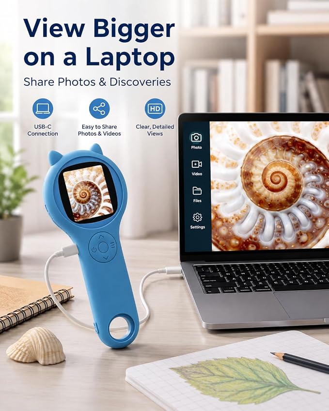 Outdoor Exploration Microscope for Kids, 500X Portable Digital Microscope with 2" IPS Screen, Summer Camping Travel STEM Toy Age 5-12 (Blue)