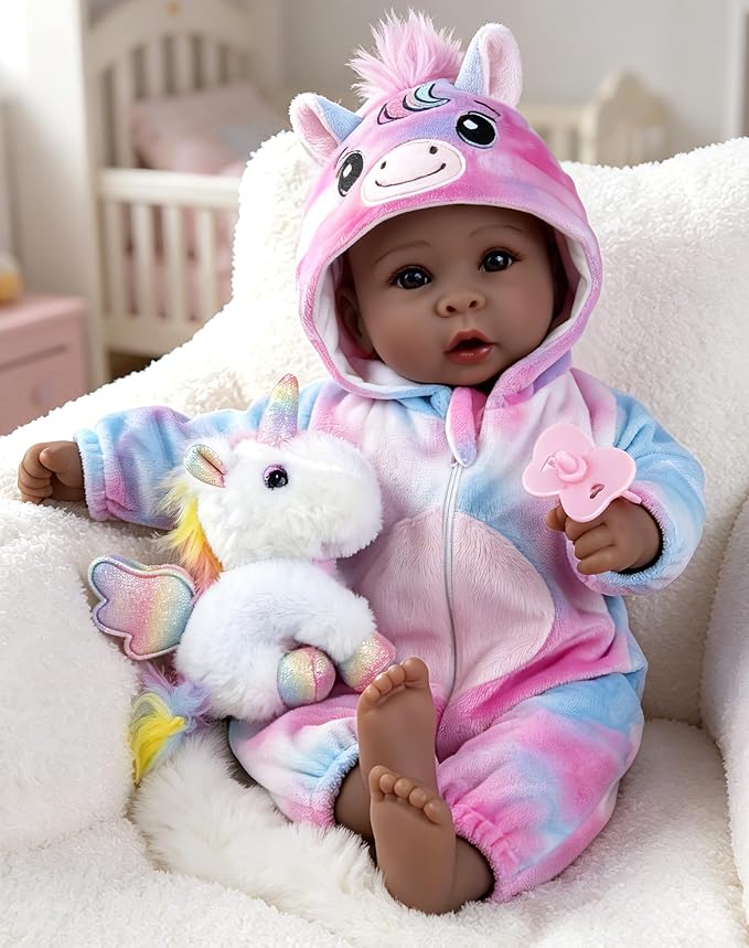 Aori 17 Inch Black Lifelike Baby Dolls Realistic Black Girl Doll with Soft Lightweight Body, Colorful Pony Outfit & Feeding Accessories, for Girls Age 3+