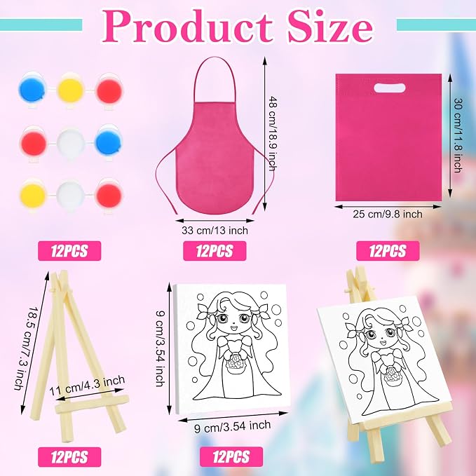 Tenceur 48 Pcs Kids Paint Party Favors Sets with 12 Pcs Unicorn Girl Cake Pre Drawn Canvas Panel and Wooden Easel Set Paint Pots and Brushes 12 Mini Apron and Tote Bag for Kids Girls Student Boys