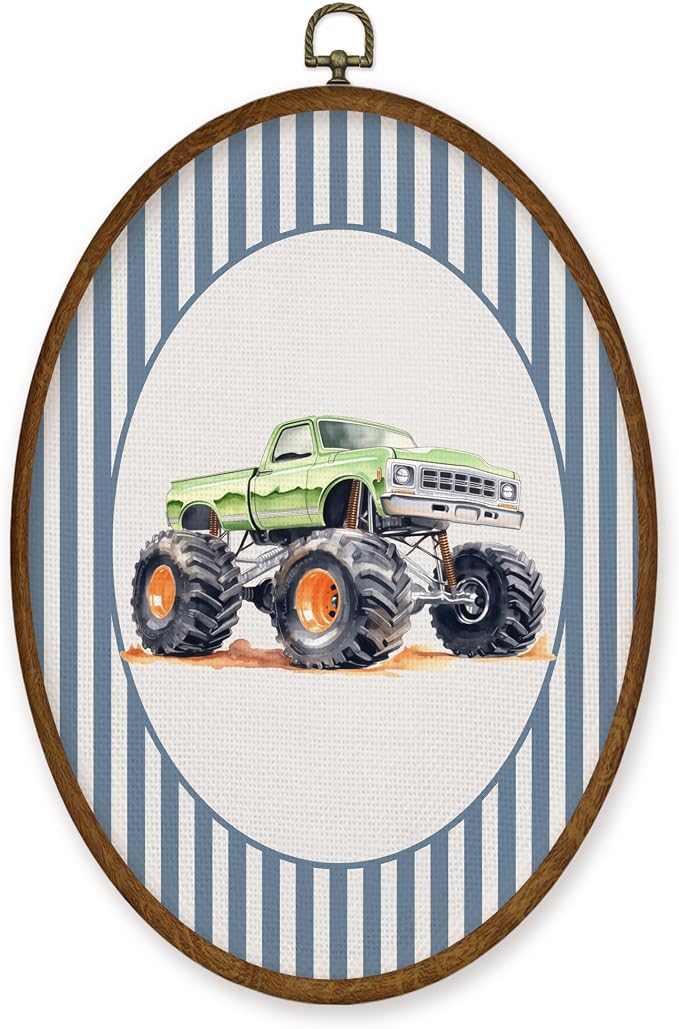 WULQYING Vintage Green Truck Nursery Wall Art Decor, Boy Nursery Oval Framed Canvas Art Prints, Blue Striped Truck Wall Hanging Decor for Kids Boys Toddler Room Bedroom Playroom, 8.6x11.4 Inches