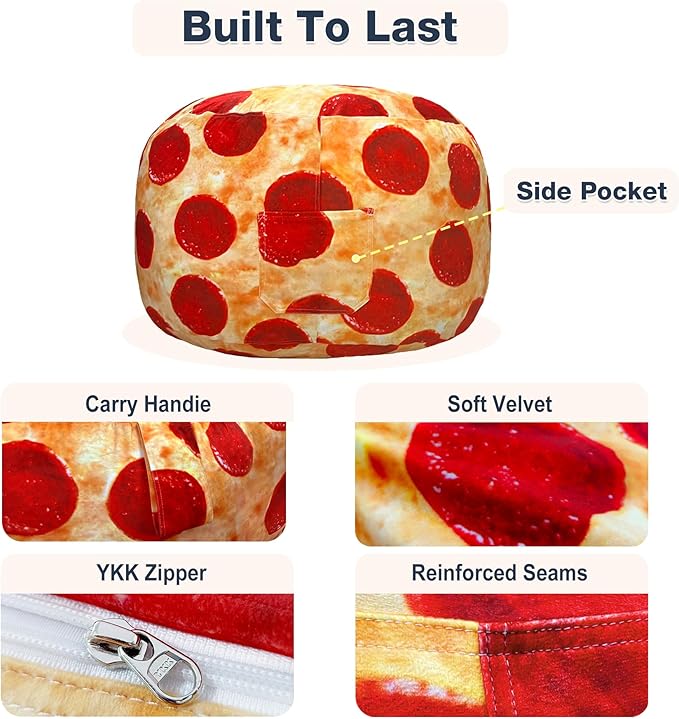 Lukeight Pizza Stuffed Animals Storage Bean Bag Chair Cover for Kids, Cozy Velvet Plush Toy Organizer Seat, Cover Only, No Filling Included, Long YKK Zipper, Side Pocket, X-Large 30 x 18 in