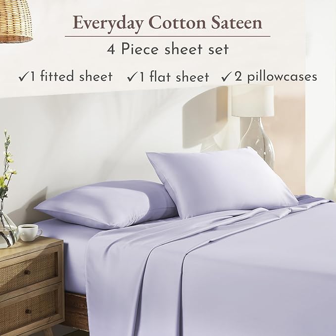 California Design Den King Size Sheets Set - Natural 100% Cotton Sheets King, Soft Sateen Weave, Fully Elasticized Deep Pockets, Breathable and Durable Bedding - Lavender