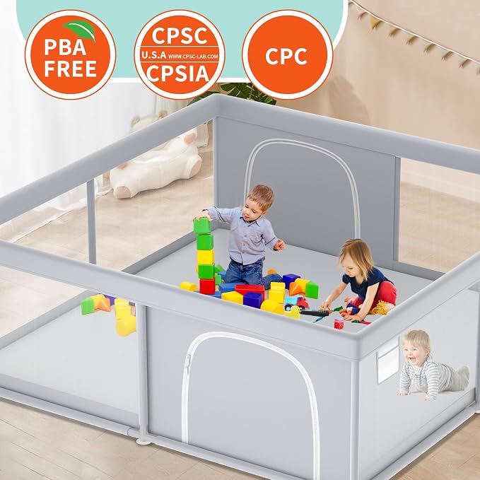 XVISHX Baby Playpen, 79''x79'' Extra Large Playpen for Babies and Toddlers, Baby Fence Play Pen for Indoor & Outdoor, with Soft Breathable Mesh Grey