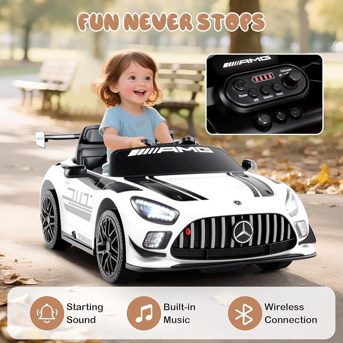 Costzon Ride on Car, 12V Licensed Mercedes-AMG GT3 Kids Car with Remote Control, 3 Speeds, LED Lights, Music, Wireless, Transport Wheels & Soft Start, Electric Vehicle for Toddlers Aged 3+ (White)
