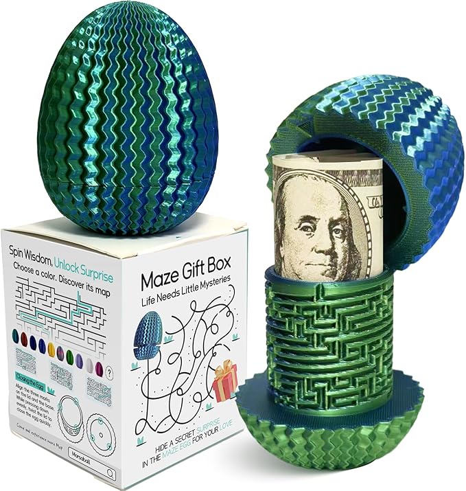 Money Puzzle Box for Cash Gift Card Holder - Reusable Secret Safe with 4 Unique Maze Egg Designs, 3D Printed Brain Teaser Game for Teens Adults, Easter Birthday Christmas Stocking Stuffer