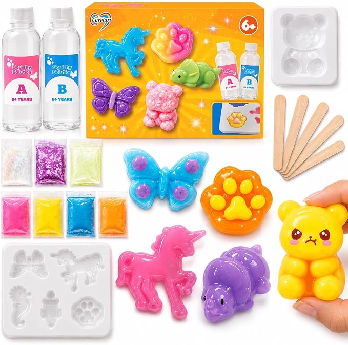 Carolart DIY Squishies Kit for Kids, Fast Curing Non-Sticky Liquid Silicone Rubber, Make Your Own 6 Glow in The Dark Animal Squishy Toys, Arts & Crafts STEM Activity Gift for Boys Girls Ages 6-12