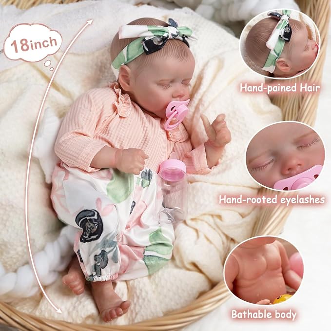DAYOFFKIDS18Inch Sleeping Reborn Baby Doll, Realistic Newborn Baby Doll with Vinyl Body, Handmade Lifelike Washable Body Features, for Kids Ages 3+ (TwinAPink)