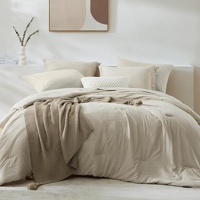 WRENSONGE Twin Comforter Set- 5 Pieces Light Oatmeal Twin Bed in a Bag, All Season Twin XL Bedding Sets with 1 Fitted Sheet, 1 Flat Sheet, 1 Pillow Sham and 1 Pillowcase