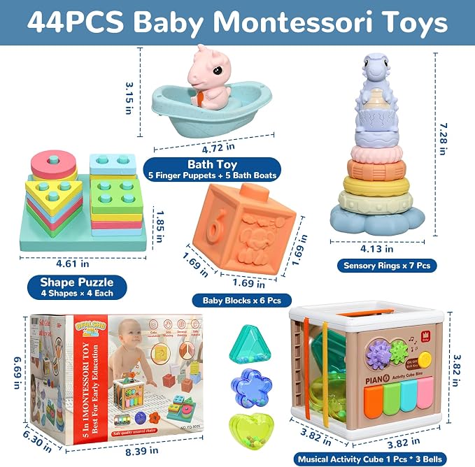 Baby Montessori Toys 6-12 Months, 5 in 1 Sensory Learning Set with Stacking Blocks, Shape Sorter, Bath Toys, Activity Cube, Dinosaur Stacker Educational Toddler Gifts for Boys Girls