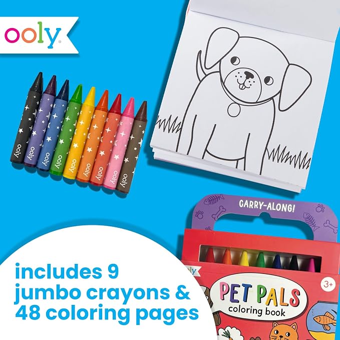 Ooly Kids Travel Activity Kit – 9 Jumbo Crayons & 48 Coloring Pages, Car Crafts for Kids, Mess-Free Road Trip Art Set, Airplane Activities – Pet Pals