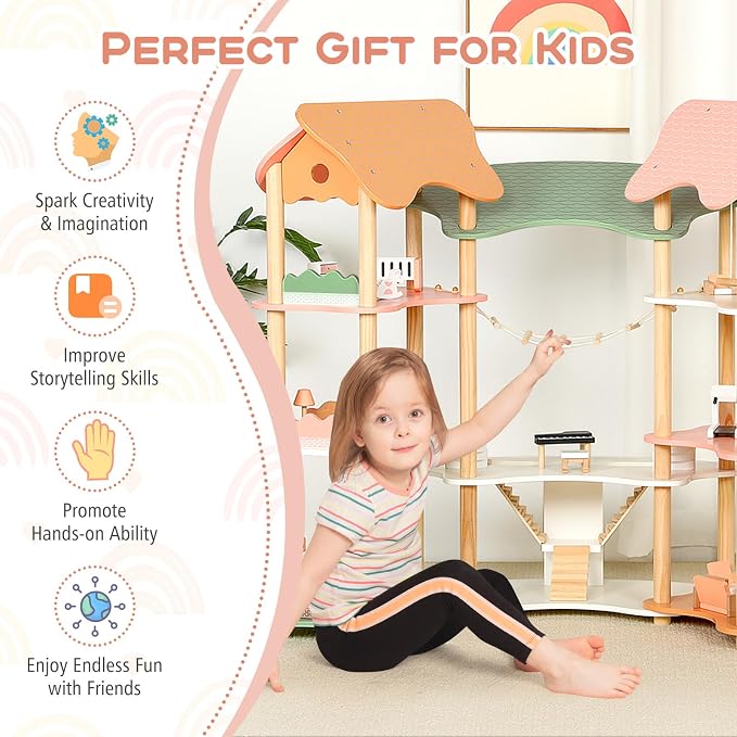 Costzon Wooden Dollhouse for Kids, 3-Story Luxury Doll House with 32 Pieces Furniture Accessories, 7 Rooms, Stairs & Balcony, DIY Pretend Dollhouse Playset, Gift for Girls Toddlers Ages 3+ (Colorful)