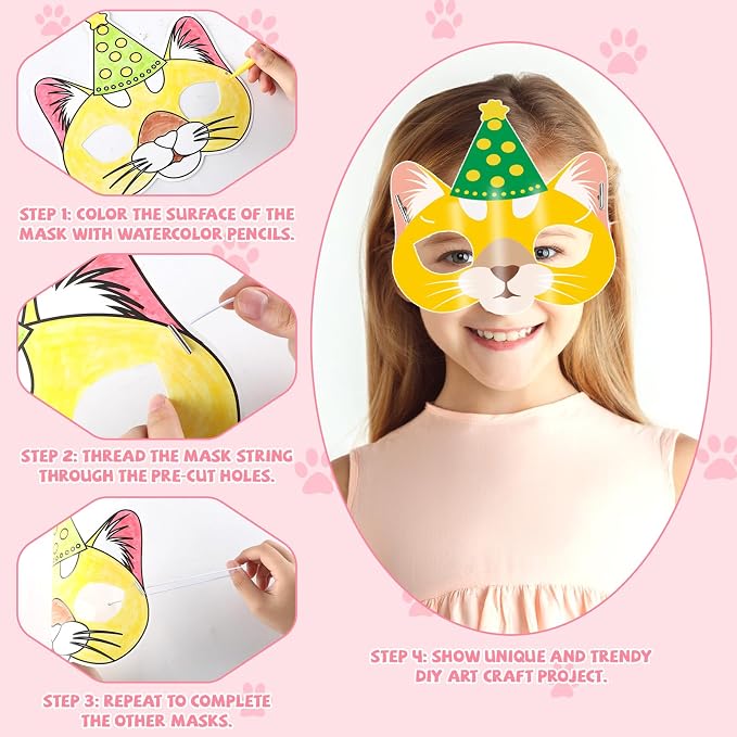 Lonfliness 36 Set Cat Coloring Mask Animal Paper Arts Crafts Kids Color Your Own Birthday Cat Blank DIY Mask Masquerade Birthday Party Dress-Up Decoration Favor School Classroom Activity Game Supplies