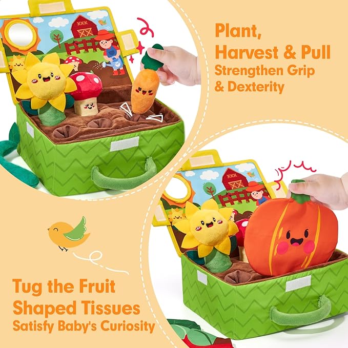 hahaland Baby Toys 6-12 Months - Fruits Vegetables Garden Plant Farm Plush | 6 Month Old Montessori Sensory Toys Carrot Flower with Rattles Mirror Squeaker Crinkle Tissues, 9 Month Old Gifts for Babies