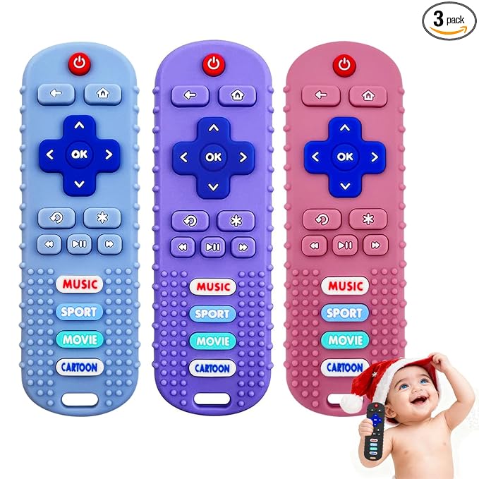 3 Pack Remote Control Shape Silicone Teethers for Babies Chew Toys, Teething Toys for Infant Toddlers,Baby Remote Control Toy, teethers for Babies 6-12 Months (Purple&Blue&Pink)