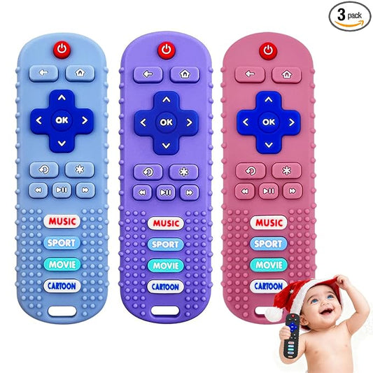 3 Pack Remote Control Shape Silicone Teethers for Babies Chew Toys, Teething Toys for Infant Toddlers,Baby Remote Control Toy, teethers for Babies 6-12 Months (Purple&Blue&Pink)