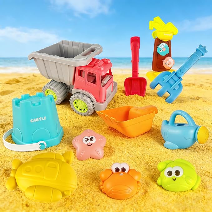 IOKUKI Sand Toys with Extra Large Mesh Bag Including Dump Truck, Sand Water Wheel, Beach Buckets, Shovels, Rakes, Molds, Outdoor Beach Toys Tool Kit for Kids, Toddlers, Boys and Girls (12 PCS) Age 3+