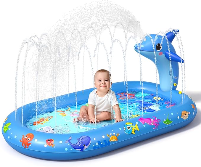 Splash Pad for Toddlers, 3-in-1 Dolphin Inflatable Baby Pool Sprinkler for Kids, Baby Splash Pads Outdoor Play Mat, Backyard Summer Water Toys Birthday Gift for 1+ Year Old Girls Boys