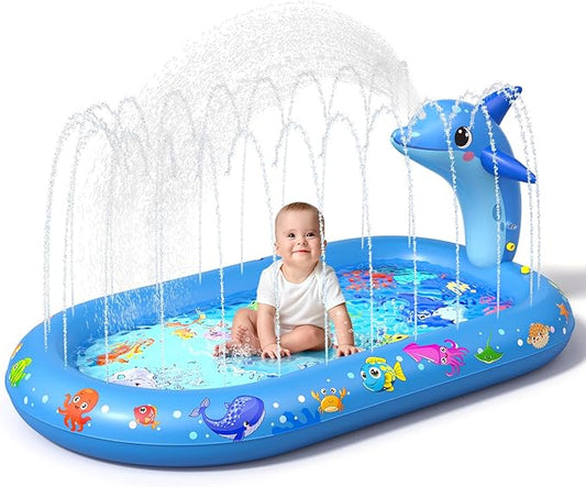 Splash Pad for Toddlers, 3-in-1 Dolphin Inflatable Baby Pool Sprinkler for Kids, Baby Splash Pads Outdoor Play Mat, Backyard Summer Water Toys Birthday Gift for 1+ Year Old Girls Boys