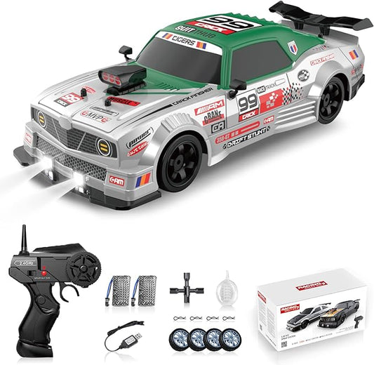 RC Drift Car 2.4GHz 1:16 Scale 4WD High Speed Remote Control Cars Vehicle with LED Lights Two Batteries and Drifting Tires Racing Sport Toy Cars for Adults Boys Girls Kids