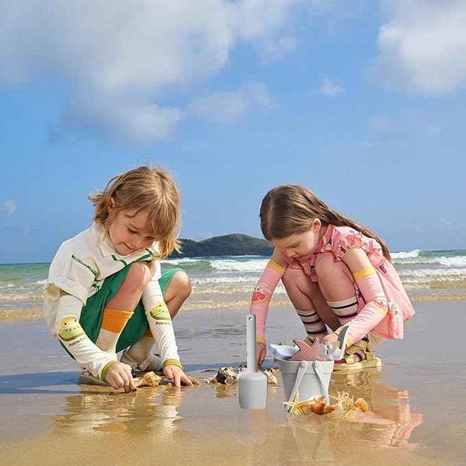 Sand Toys for Kids 8PCS Safe Silicone Beach Toys Grey - with Shovel, Bucket and Sand Molds, Waterproof for Travel Summer