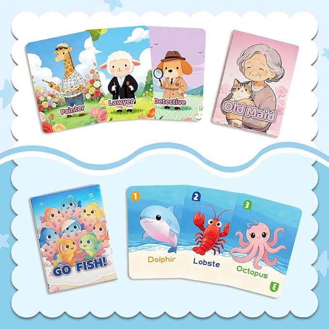 6-Pack Card Games for Kids, Go Fish, Old Maid, Crazy 8, Slap Jack, War | Memory Match Fun Family Games, Matching Game, Holiday Games, Playing Cards for Kids