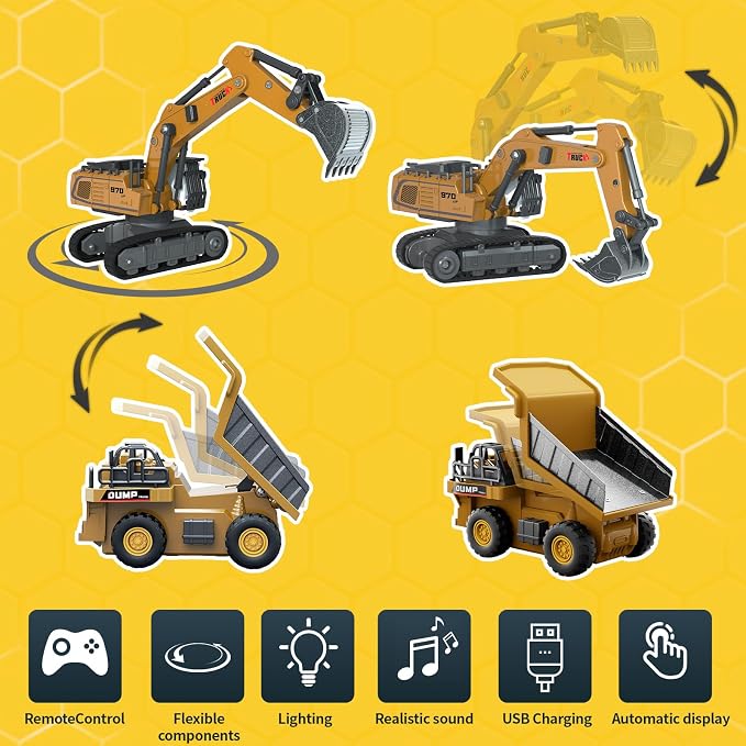 2 PCS Mini Remote Control Construction Vehicle Toy Set 1:64 Excavator and Dump Truck Toy Set with Lights Sounds & Traffic Sign & Construction Site Map Movable Parts GIFS for Kids & Adults