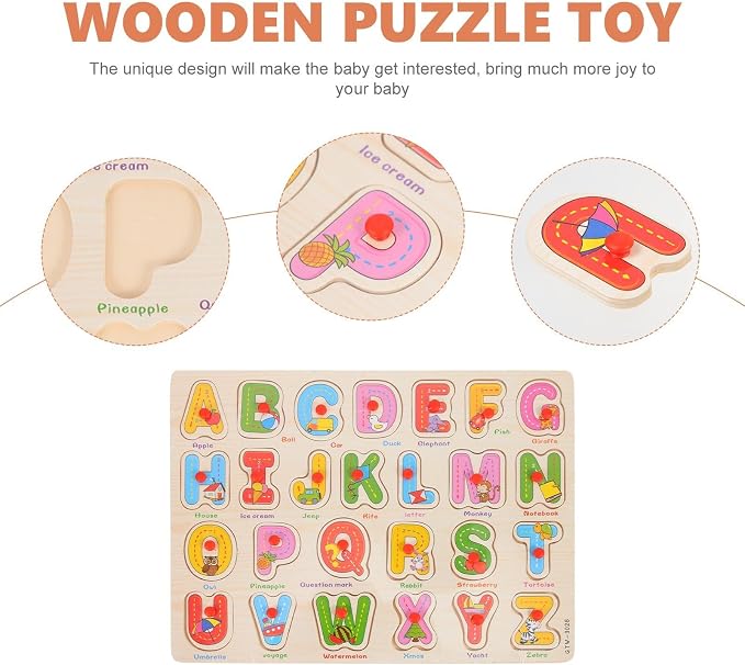 Alphabet Puzzle Wooden Puzzles for Toddlers 3+ Year Old, ABC Puzzle Shape Alphabet Learning Puzzles Toys with Puzzle Board & Letter Blocks, Preschool Education Puzzle for Girls and Boys, Large