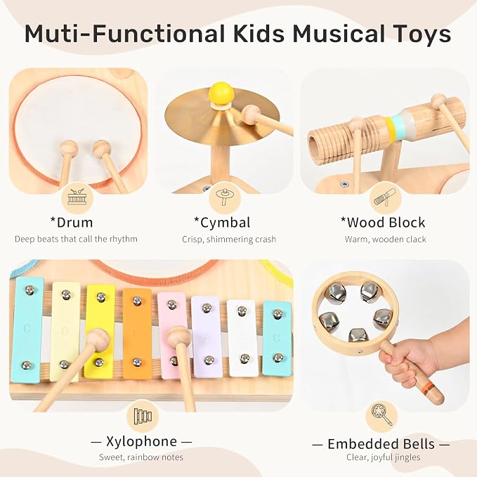 WINGYZ Kids Drum Set – 9-in-1 Montessori Toys for 1-3 Year Old & Wooden Musical Instruments for Toddlers, Baby Musical Toys with Drums, Xylophone, Helps Hand-Eye Coordination, Gift for 1-3 Boys Girls
