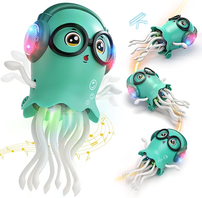 GONINO DJ Dancing Jellyfish Baby Toys, Musical Crawling Tummy Time Toys with LED Light & Smart Obstacle Avoidance, 360° Spin Sensory Toys for Toddlers, Kids Toys Birthday Gifts for Boys Girls, Green