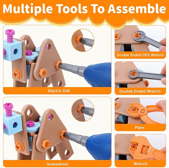Drill Building Set for Kids 172 Pcs Construction Tools for Kids with Toolbox,Kids Construction Building STEM Toy for Boys Girls Birthday Gifts