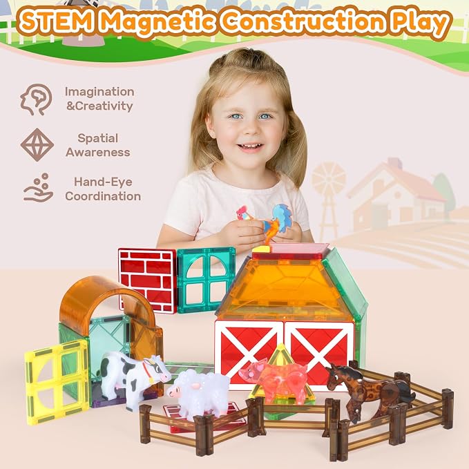 Oriate Magnetic Tiles 3D Animal Farm Toys, 5pcs Farm Animals for Kids, Movable Joints Animal Toys Suitable for Kids Magnetic Blocks Building Magnet Tiles, STEM Educational Construction