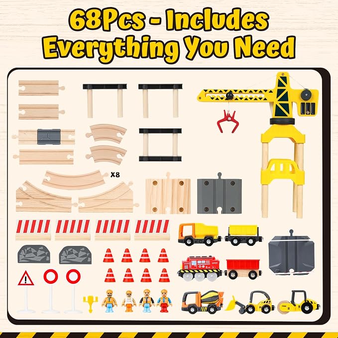 Lehoo Castle 68PCS Wooden Train Set - Toy Train Set for Toddlers 2-4, Wooden Train Track for Kids w/Crane, Railway Playset for 3 Year Old Boys Girls Birthday Gift