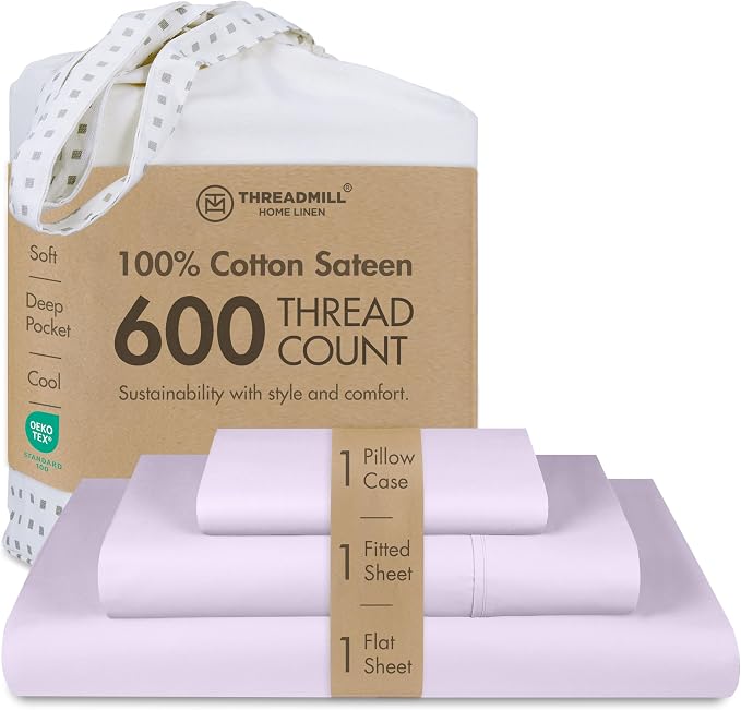 Threadmill Sheets for Twin XL Mattress | 600 Thread Count Twin XL Bed Sheets Set with 15” Deep Pocket | Sateen Weave 3-Piece Bedding Set with Cooling Effect | Lilac