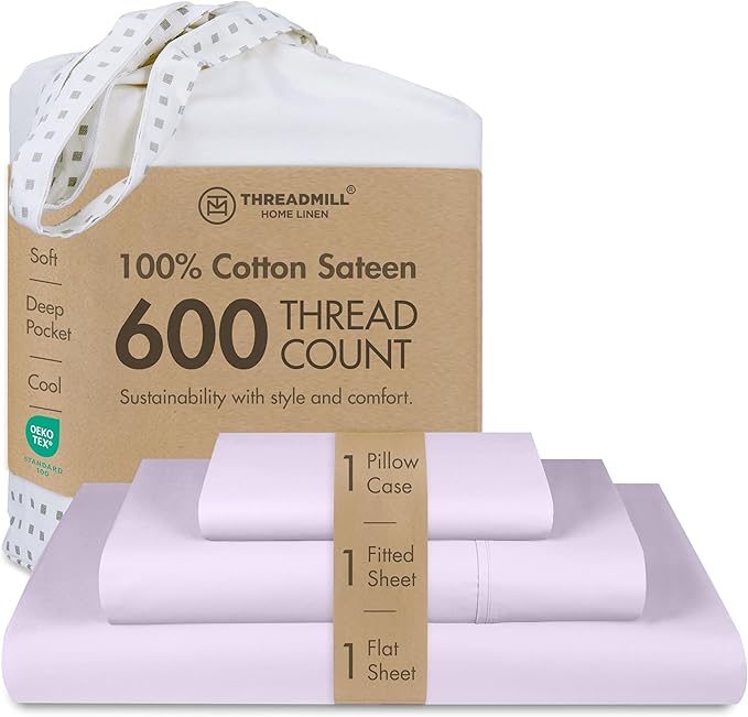 Threadmill Sheets for Twin Mattress | 600 Thread Count Twin Bed Sheets Set with 15” Deep Pocket | Sateen Weave 3-Piece Bedding Set with Cooling Effect | Lilac