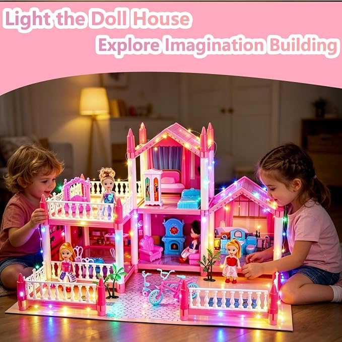 Dream Doll House for Girls with Lights, Mat, Dolls & Furniture - Imaginative Dollhouse Playset DIY Pretend Play Toy Gift for Kids Ages 3-8