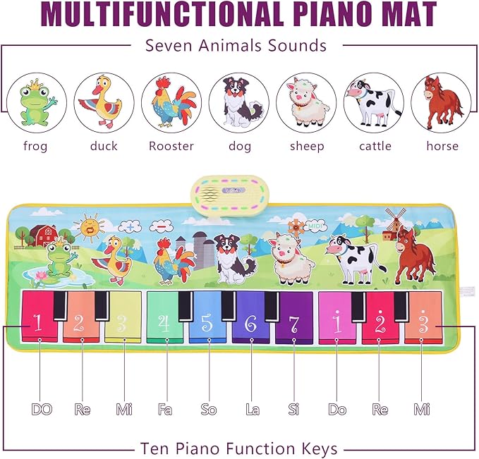 Farm Animals Piano Mat Toys, Musical Floor Carpet Play mat for Kids | Sensory Educational Learning Dancing Keyboard,Touch Blanket Xmas Christmas Birthday Gift for 3-12 Year Old Girl boy