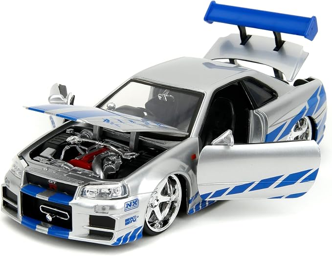 Jada Toys Fast & Furious Brian’s 2002 Nissan Skyline R34 Die-cast Car, 1:24 Scale, Silver & Blue