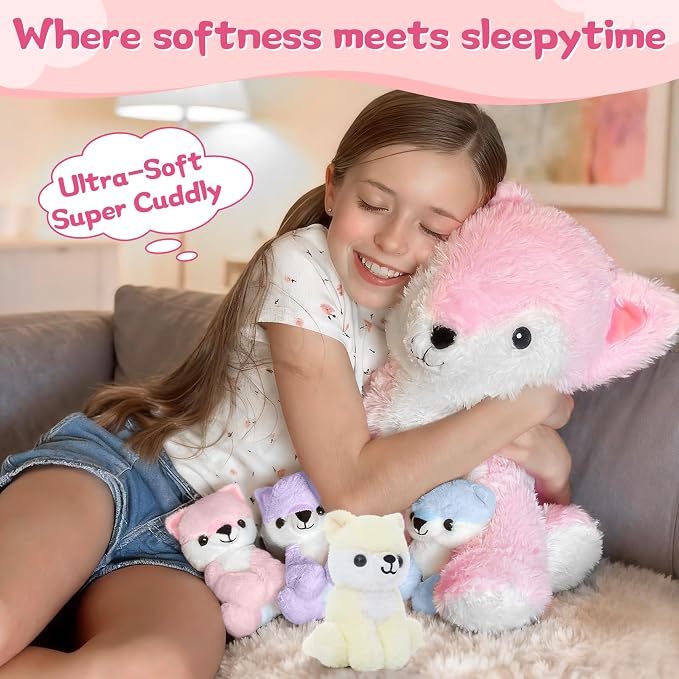 Muiteiur 5 Piece Fox Stuffed Animal Set, Soft Mommy Fox Plush Toy with 4 Cute Babies, Cute Stuffed Animal for Girls and Boys, Fun Gift for Kids, Pink 20inch