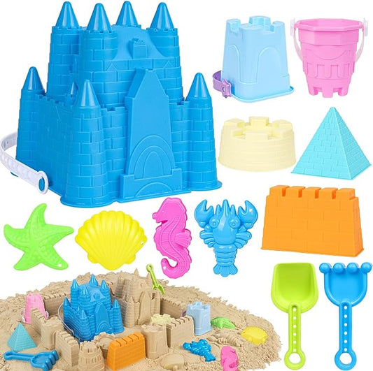 FUSPWEAO Beach Sand Toys, Sand Castle Toys with Castle Bucket, Creative Molds, Shovel and Rake, Sandbox Play Set for Kids Ages 3-12, Outdoor Summer Beach Essentials for Building & Playing