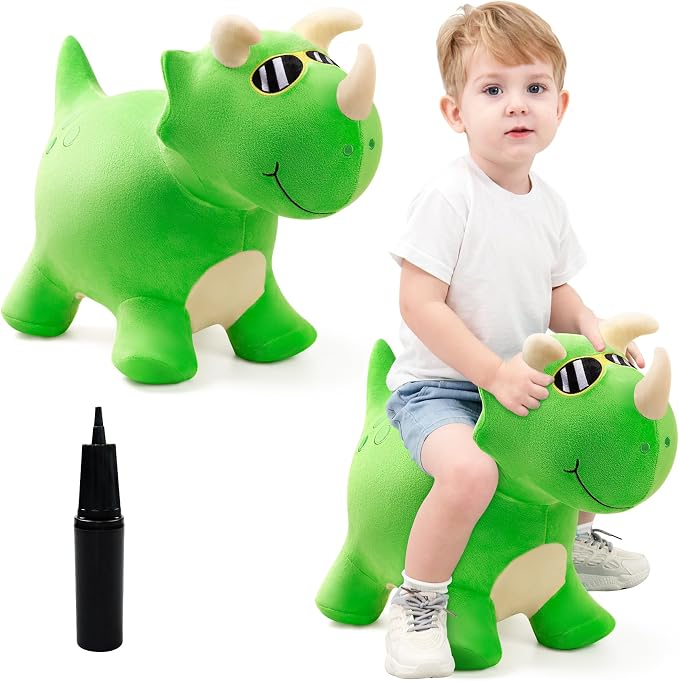 Bouncy Dinosaur Hopper Toys, Inflatable Bouncing Animal Hopping Horse, Outdoor Indoor Ride on Bouncer, Boys Girls Birthday Gift for 18 Month 2 3 4 5 6 Year Old Kid- Plush Dinosaur Toy