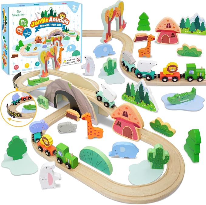 SIMPLIPLAY 45PCS Jungle Wooden Train Set with Safari Figures, Crash Barrier | Montessori Train Tracks for Toddlers 3-5 with Bridge & Wooden Safari Animal Toys, Gifts for 3 4 5 Years Old Girls & Boys