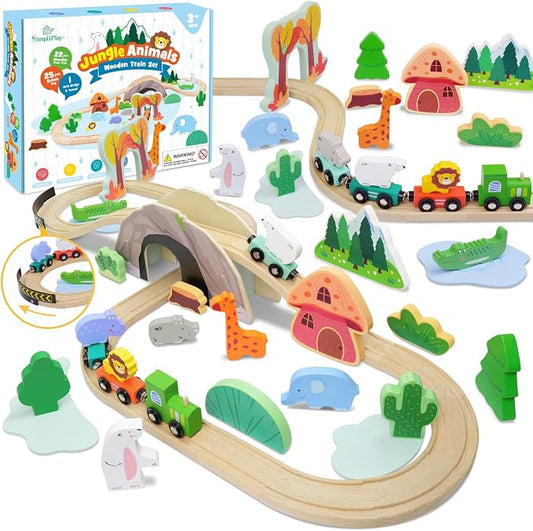 SIMPLIPLAY 45PCS Jungle Wooden Train Set with Safari Figures, Crash Barrier | Montessori Train Tracks for Toddlers 3-5 with Bridge & Wooden Safari Animal Toys, Gifts for 3 4 5 Years Old Girls & Boys