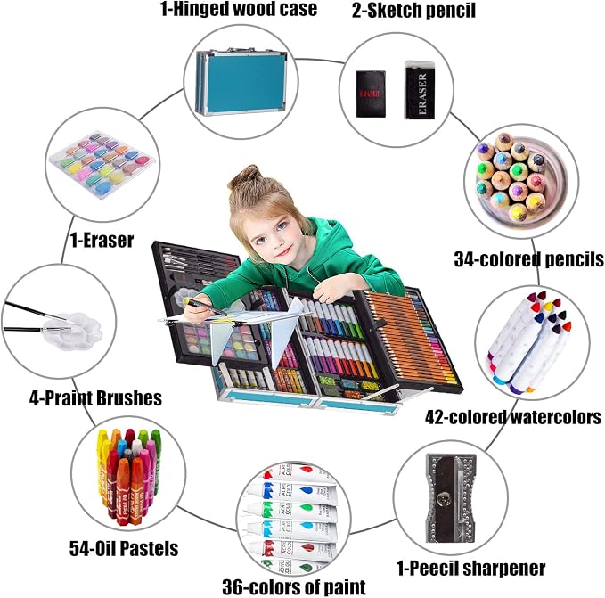 KINSPORY Deluxe Art Supplies Kit for Kids, Boys, Girls, Teens, Ages 5-12, with Sketch Pad, Watercolors, Crayons, Pencils, Markers, Oil Pastels, Palettes, Brushes, Erasers - Blue