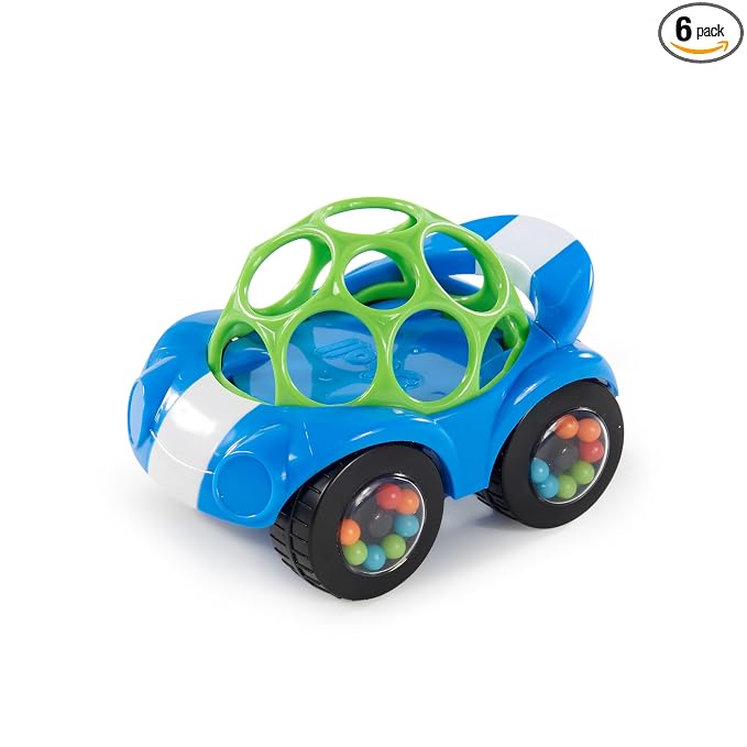 Bright Starts Oball Easy Grasp Rattle & Roll Toy Sports Car BPA-Free Infant Crawling Toy, Age 3 Months and up, Blue/Green (Pack of 6)