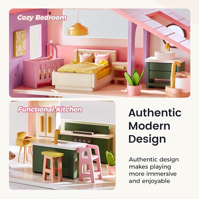 Tiny Land Wooden Doll House, Modern Family Dollhouse with Realistic Design, 7 Rooms Dollhouse with 49 PCS Accessories, Montessori Pretend Play Toddler Toy, Ideal Gift for Kids Ages 3+, Pink