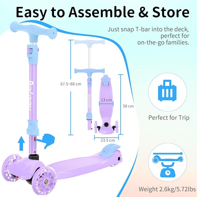 BELEEV Scooters for Kids 3 Wheel Kick Scooter for Toddlers Girls Boys, 4 Adjustable Height, Lean to Steer, Light up Wheels, Extra-Wide Deck, Easy to Assemble for Children Ages 3-12