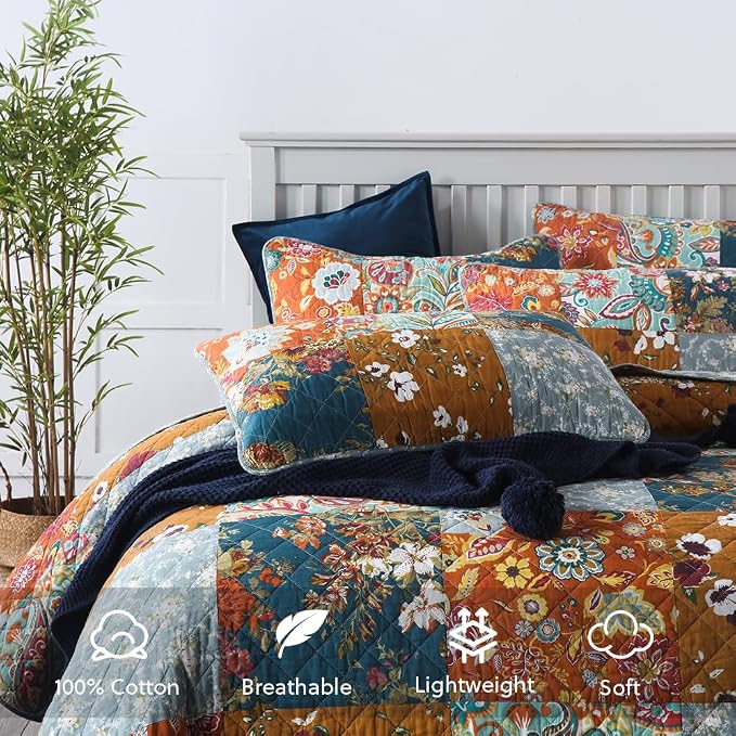 Cotton Bedspread Quilt Bedding Sets 3 Pieces Reversible Coverlet Sets Comforters Luxury Paisley Floral Patchwork Brown Bedspread, Queen Size