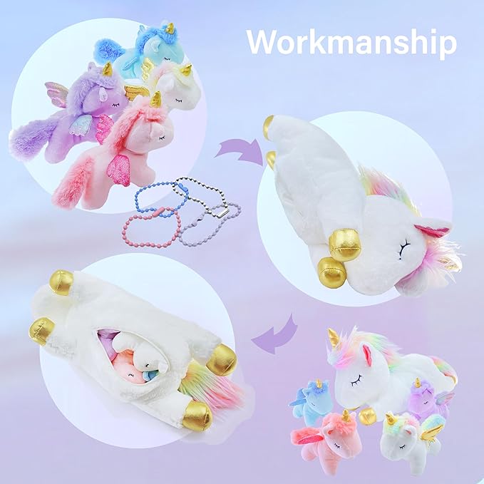 Unicorn Stuffed Animal,Cute Unicorn Mommy Stuffed Animal with 4 Baby Unicorns Plush in Tummy,Kawaii Unicorn Plush Toy Gift for Kids Girls Boys