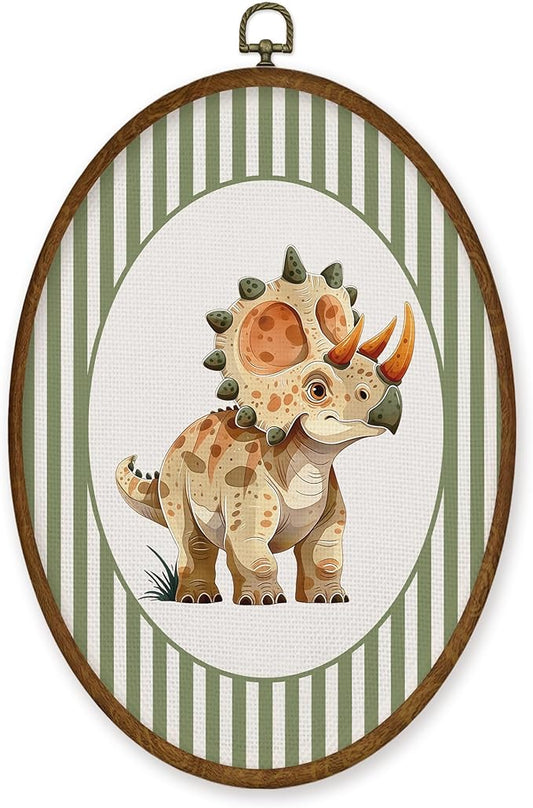 WULQYING Vintage Dinosaur Nursery Wall Art Decor, Boys Room Oval Framed Canvas Art Prints, Green Striped Triceratops Dino Wall Hanging Decor for Kid Toddler Boy Room Bedroom Playroom, 8.6x11.4 Inches